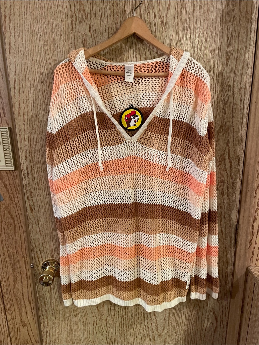 Open-Knit Hooded Pullover in Cream, Brown & Peach